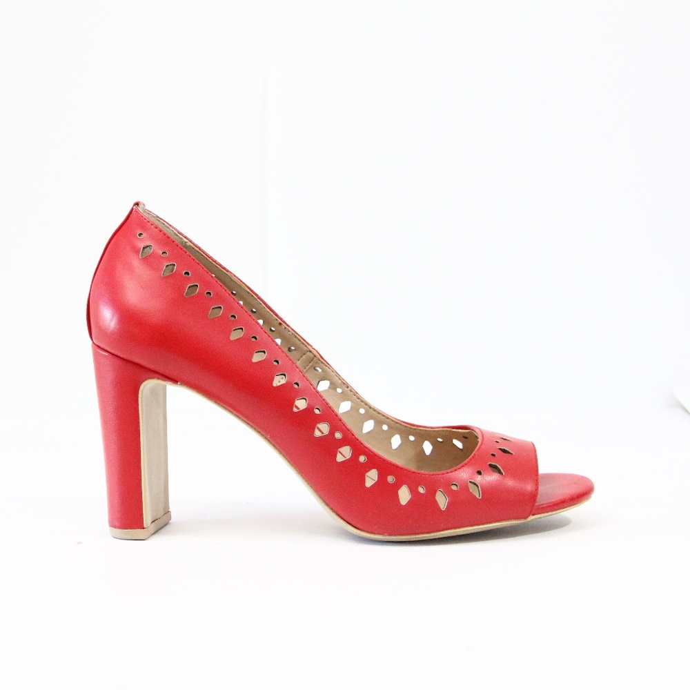 DKNY Pumps Women Red Faux Leather Heels sz 9 peep toe Valentine's day